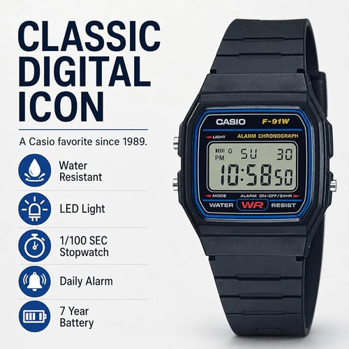 Casio F91W Series | Digital Watch | Water Resistant | LED Light